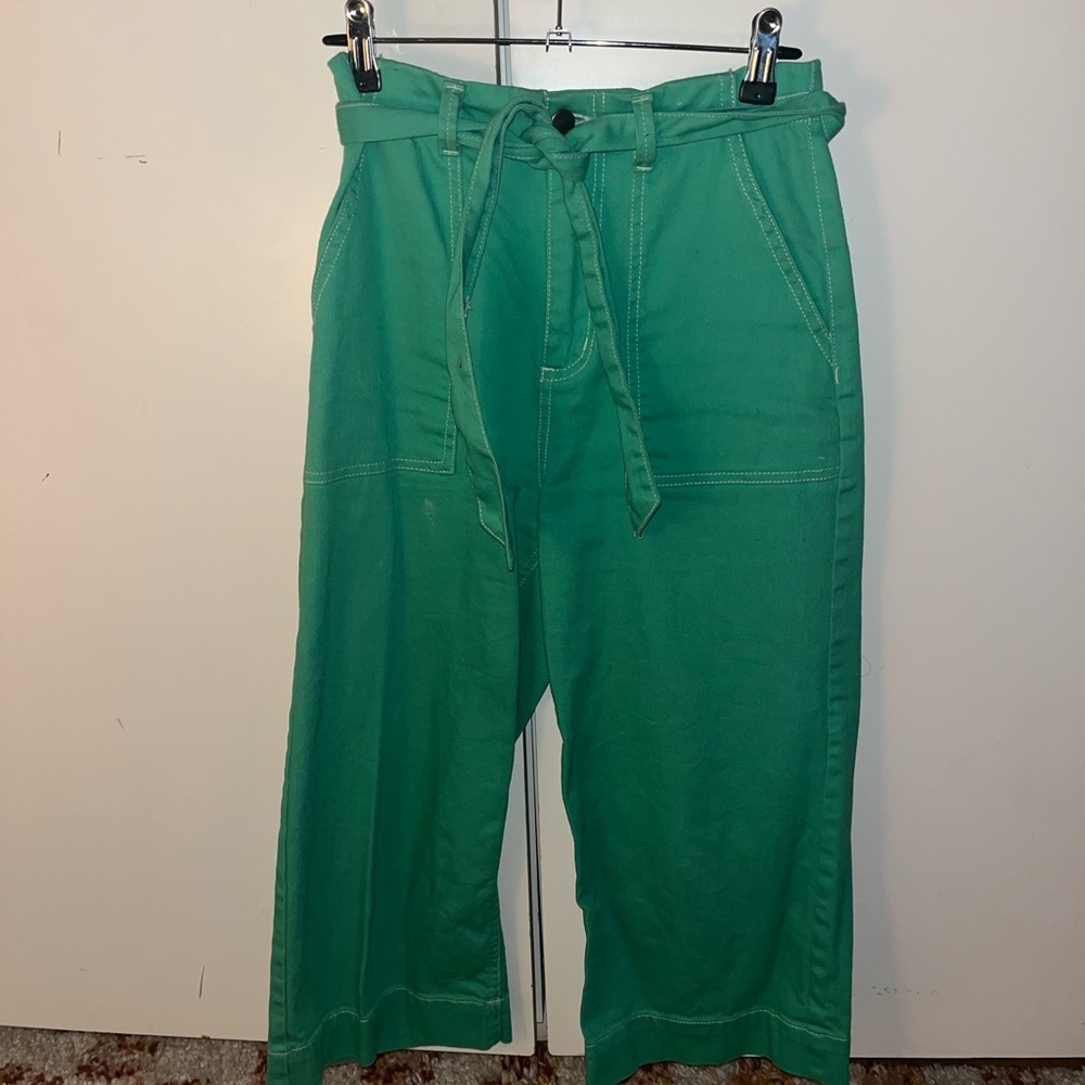 Green Stretchy Denim Cropped Ankle Pant